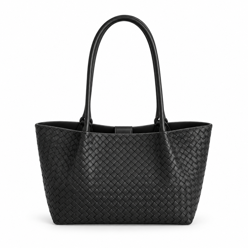 Elegant Black Woven Shoulder Tote Bag-3
