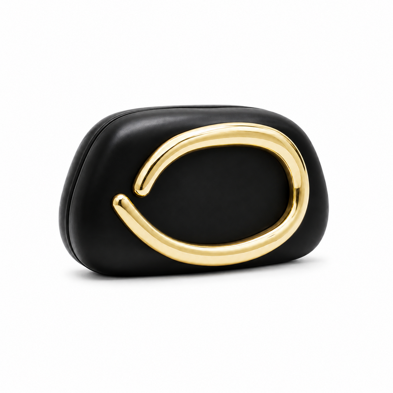 Black Sculptural Clutch with Gold Handle-1