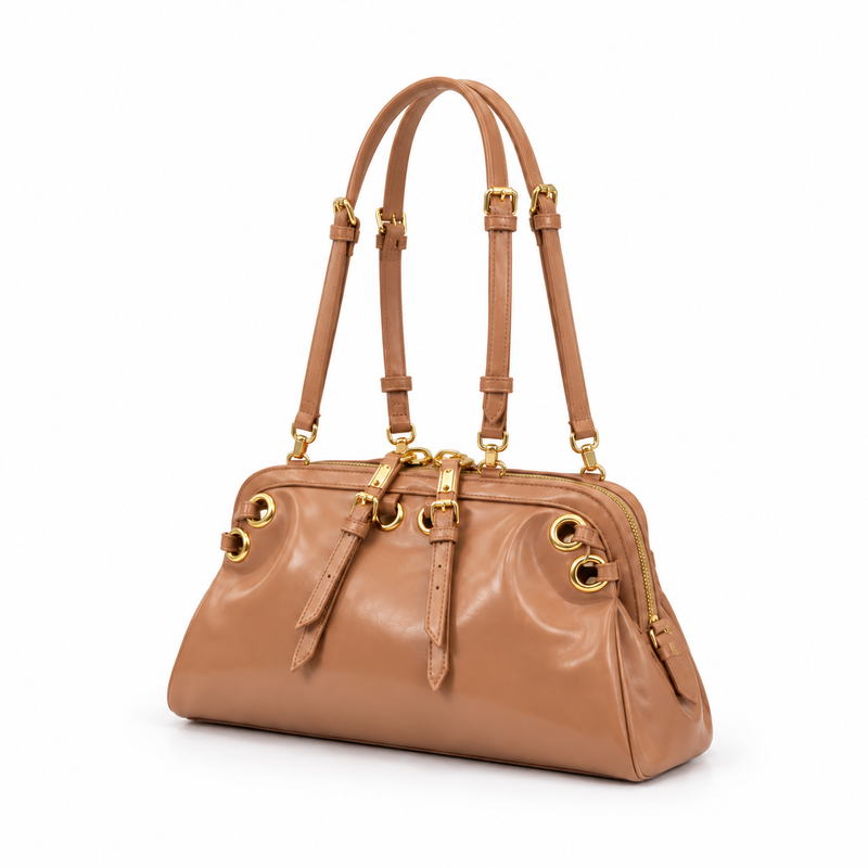 Camel Glossy Gold Hardware Shoulder Handbag-3