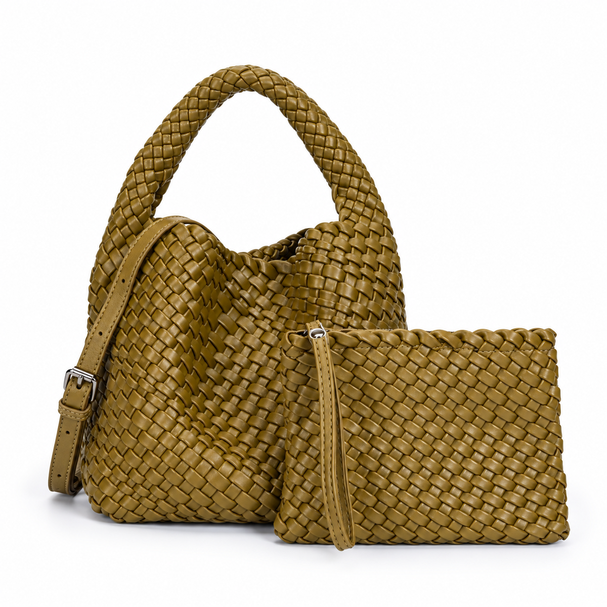 Olive Green Woven Handbag Pouch Set-2