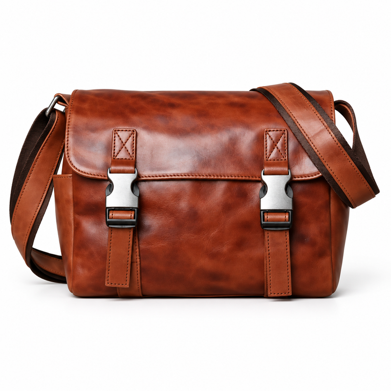 Classic Coffee Leather Messenger Shoulder Bag-4