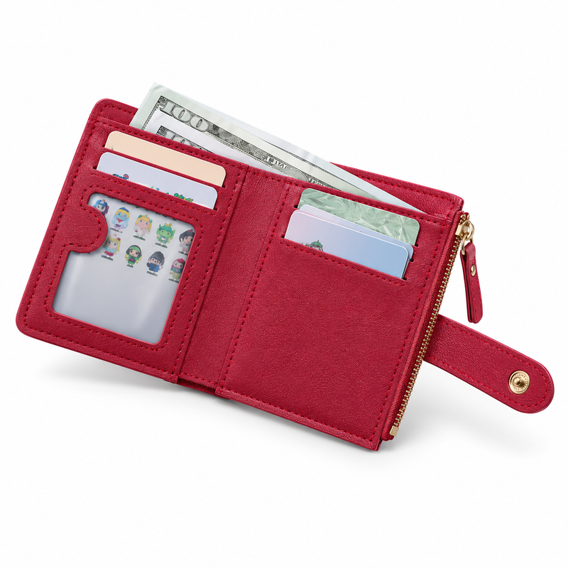 Classic Red Compact Wallet With Zippers-2