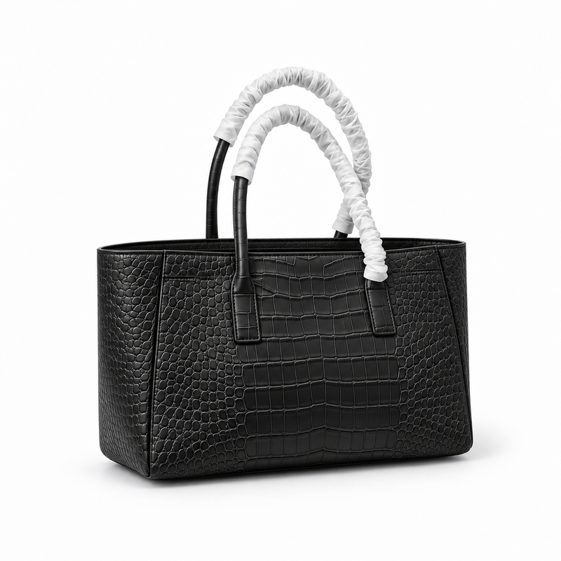 Elegant Black Crocodile Embossed Structured Tote-1