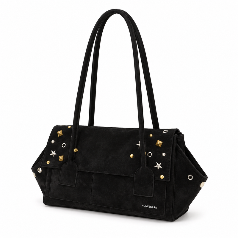 Black Studded Star Detail Shoulder Tote-3