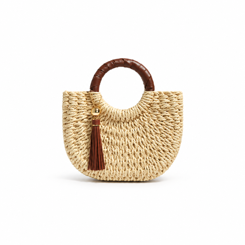 Natural Woven Raffia Tassel Handle Handbag-2