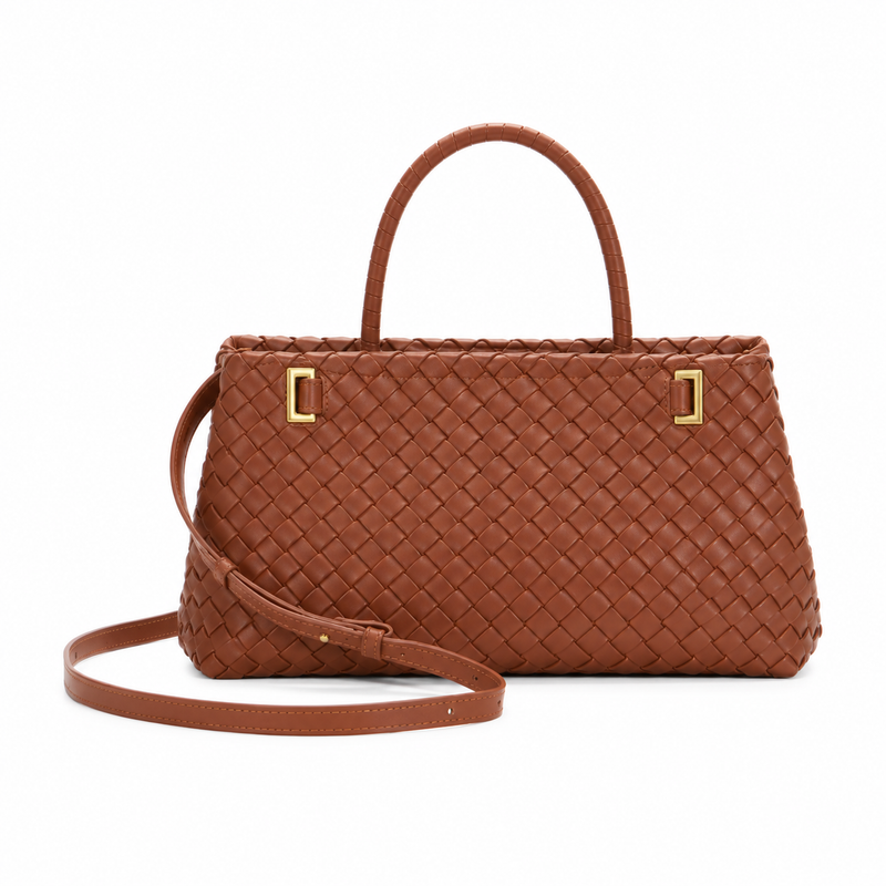 Brown Woven Handbag With Gold Hardware-2