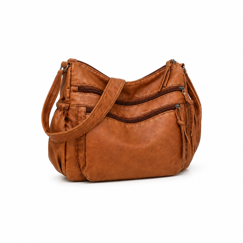 Vintage Cognac Multi-Zip Shoulder Crossbody Bag-1