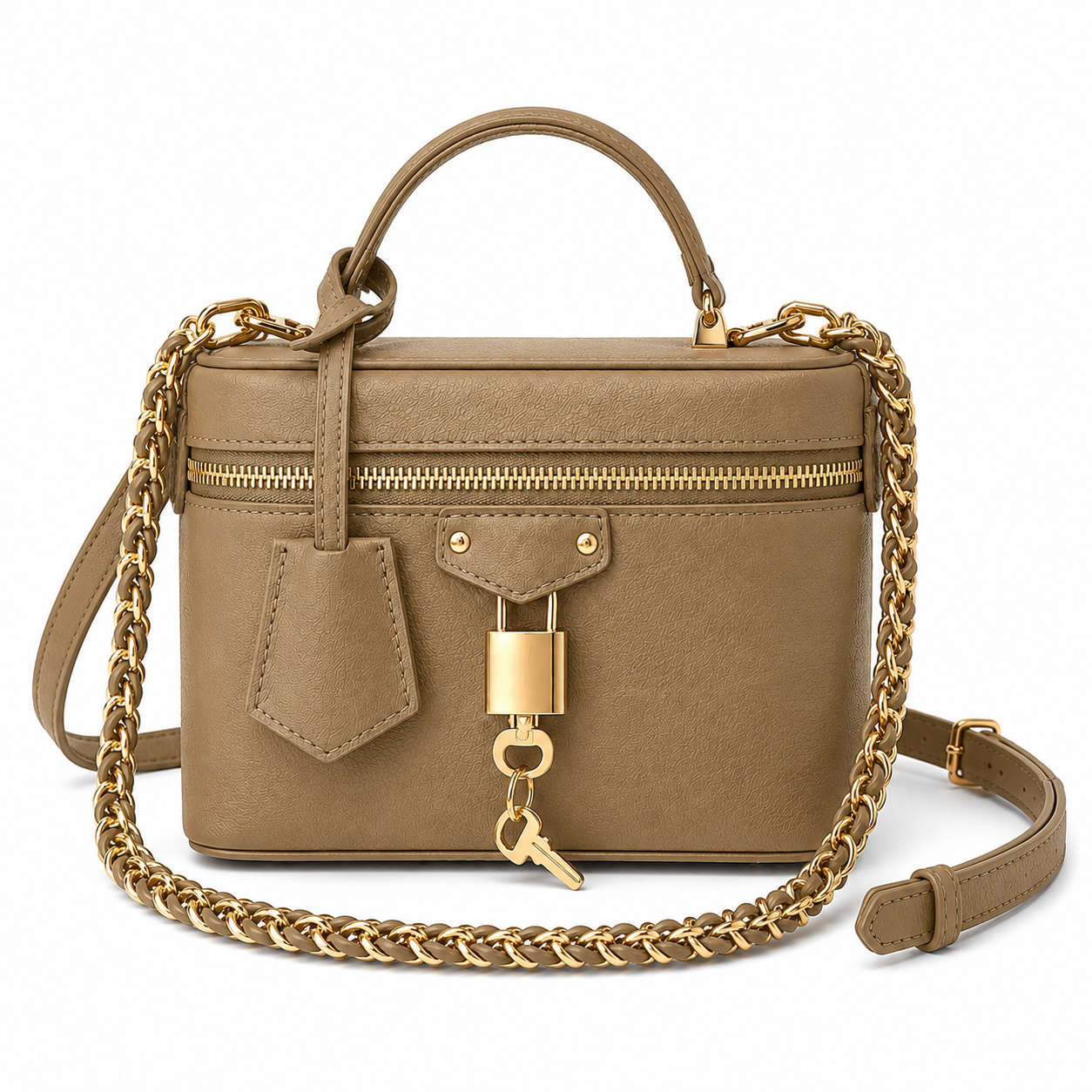Khaki Structured Vanity Handbag with Gold Chain, Padlock & Key Charm-1