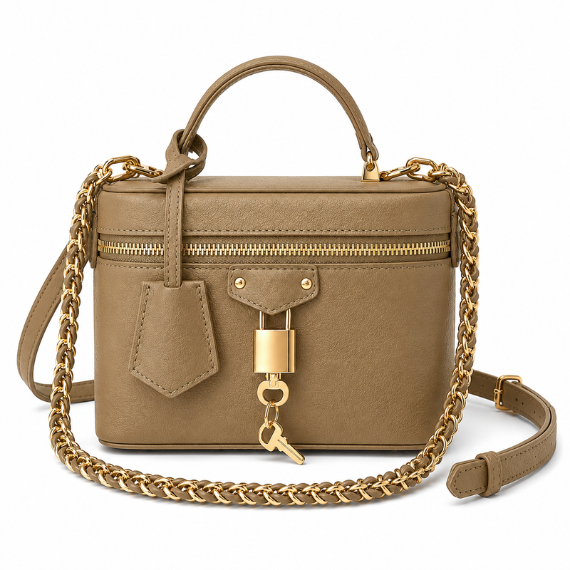 Khaki Structured Vanity Handbag with Gold Chain, Padlock & Key Charm-1