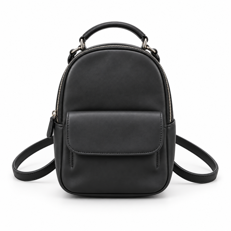 Black Vegan Leather Mini Backpack Bag-4