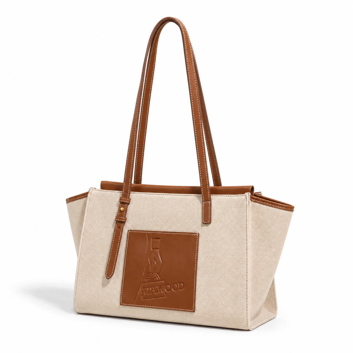Cream Canvas Tote With Cognac Leather-3