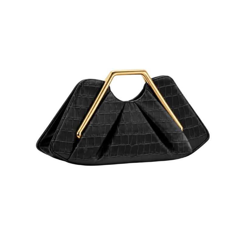 Black Leather Gold Handle Evening Clutch-1