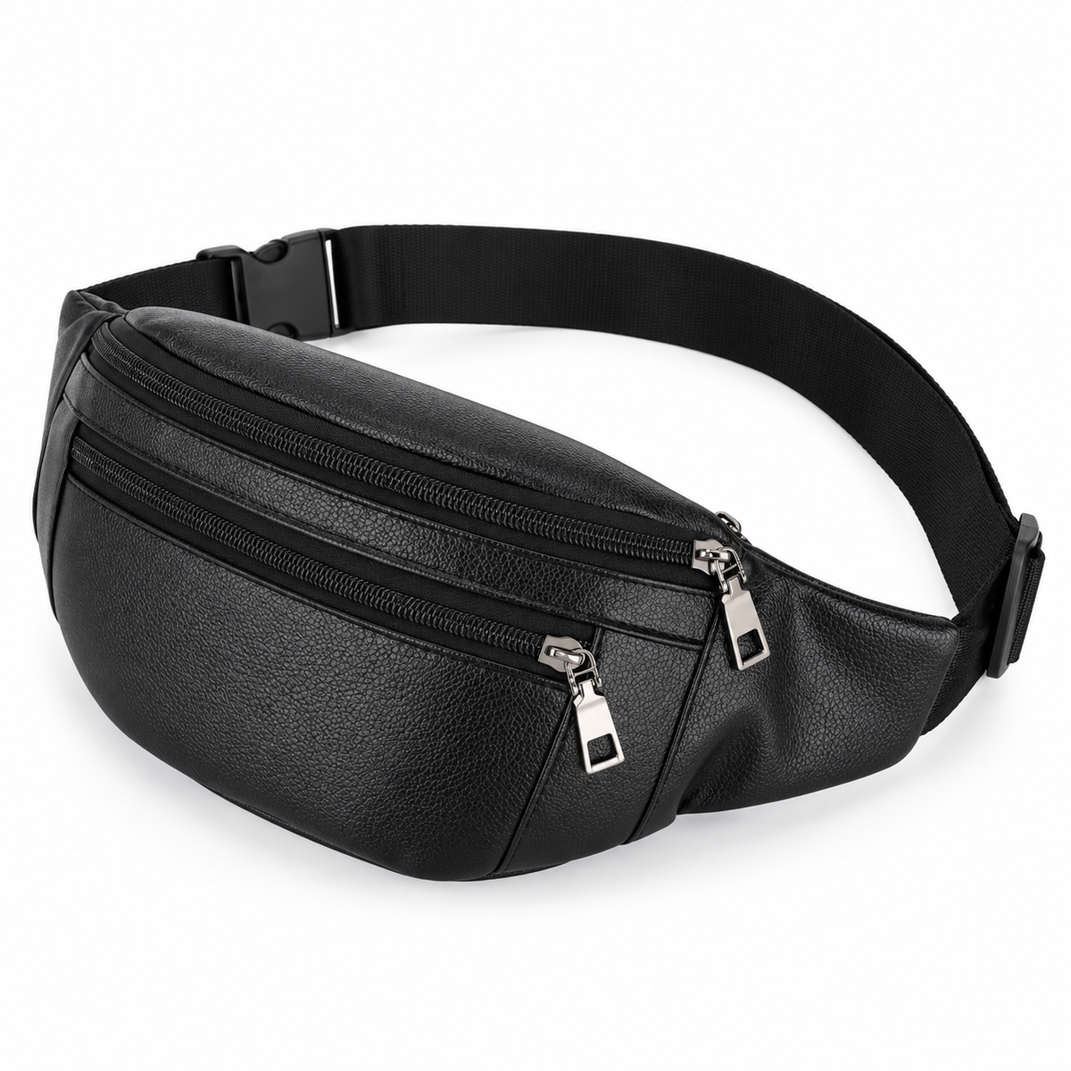 Black Textured Double Zipper Waist Bag-3