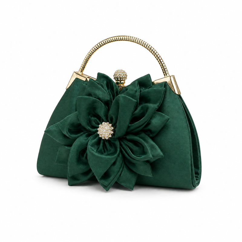 Emerald Green Floral Satin Crystal Clutch-2