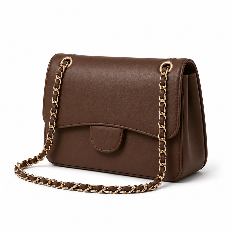 Chocolate Brown Chain Strap Flap Shoulder Bag-4