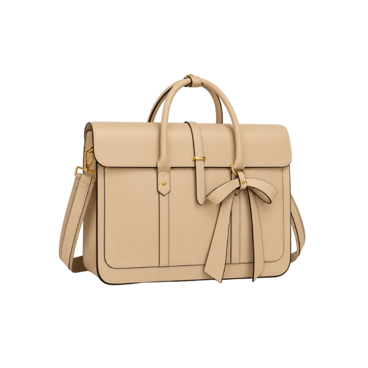 Beige Leather Laptop Bag With Bow
