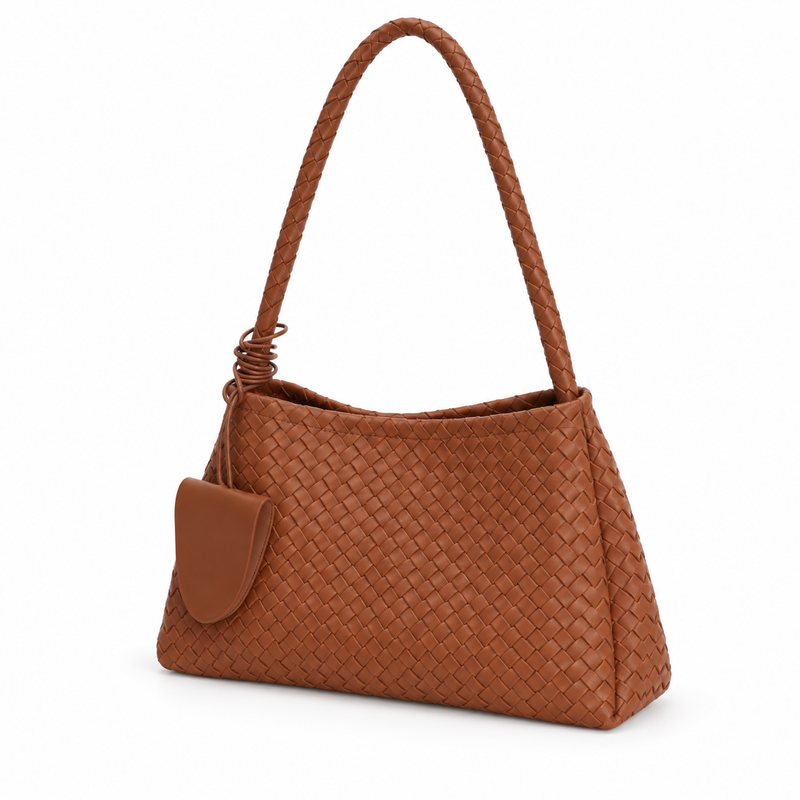 Brown Woven Shoulder Bag With Pouch-3
