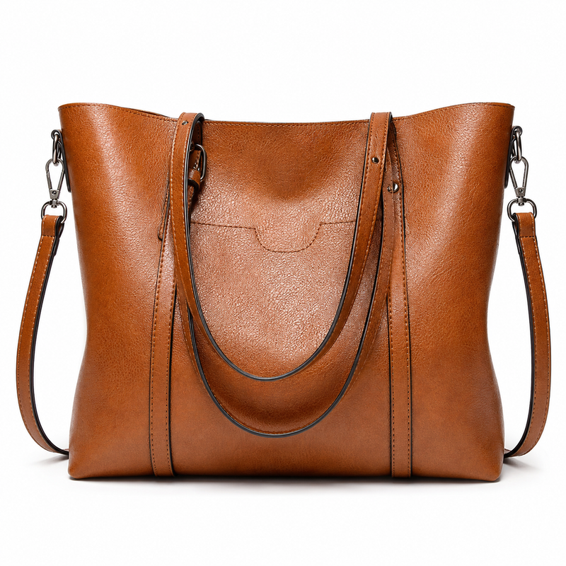 Vintage Brown Leather Tote Bag with Detachable Shoulder Strap-1