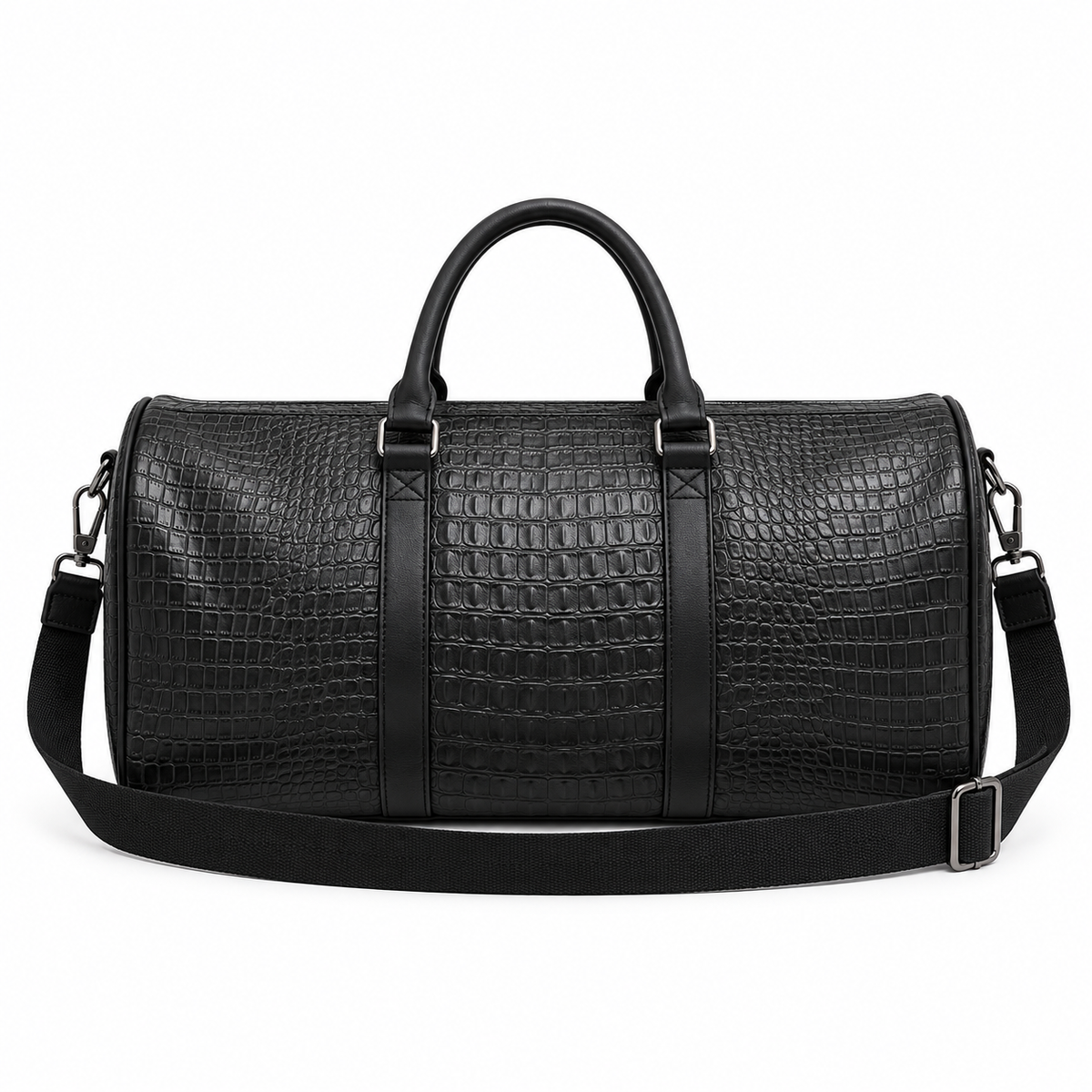 Black Crocodile Embossed Leather Duffel Bag-2
