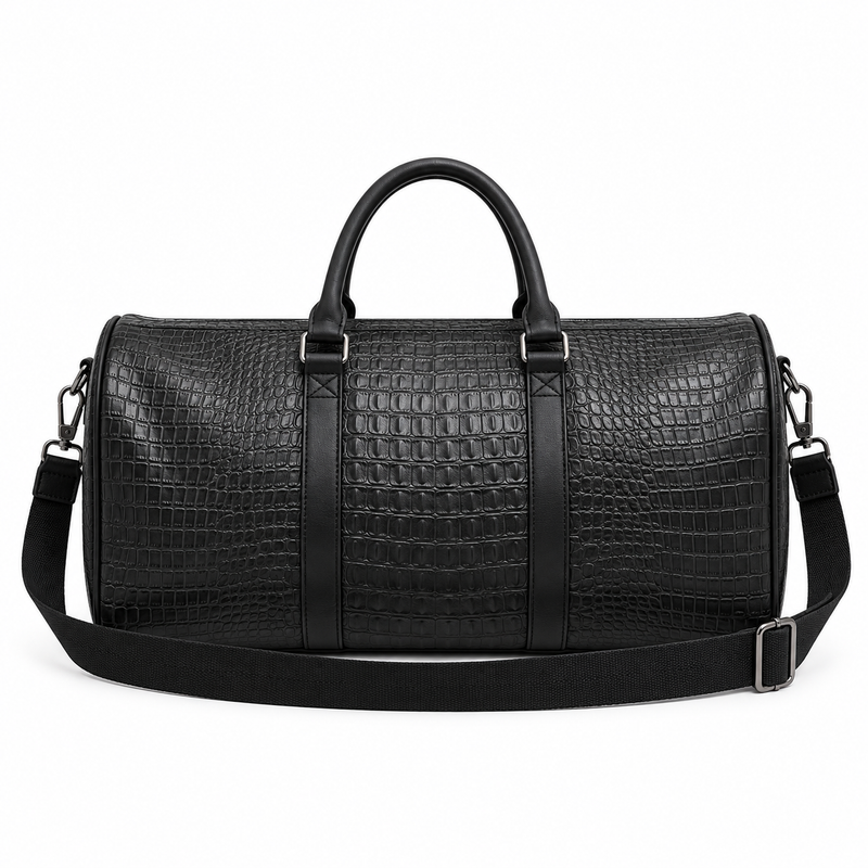 Black Crocodile Embossed Leather Duffel Bag-2