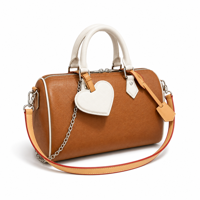 Cognac Brown Heart-Charm Boston Handbag-1