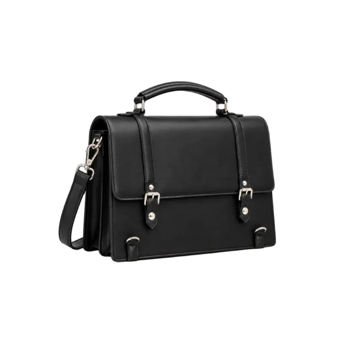 Black Structured Buckle Shoulder Satchel Bag