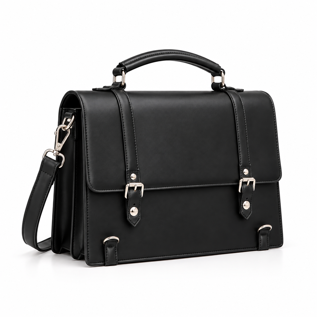Black Structured Buckle Shoulder Satchel Bag-1