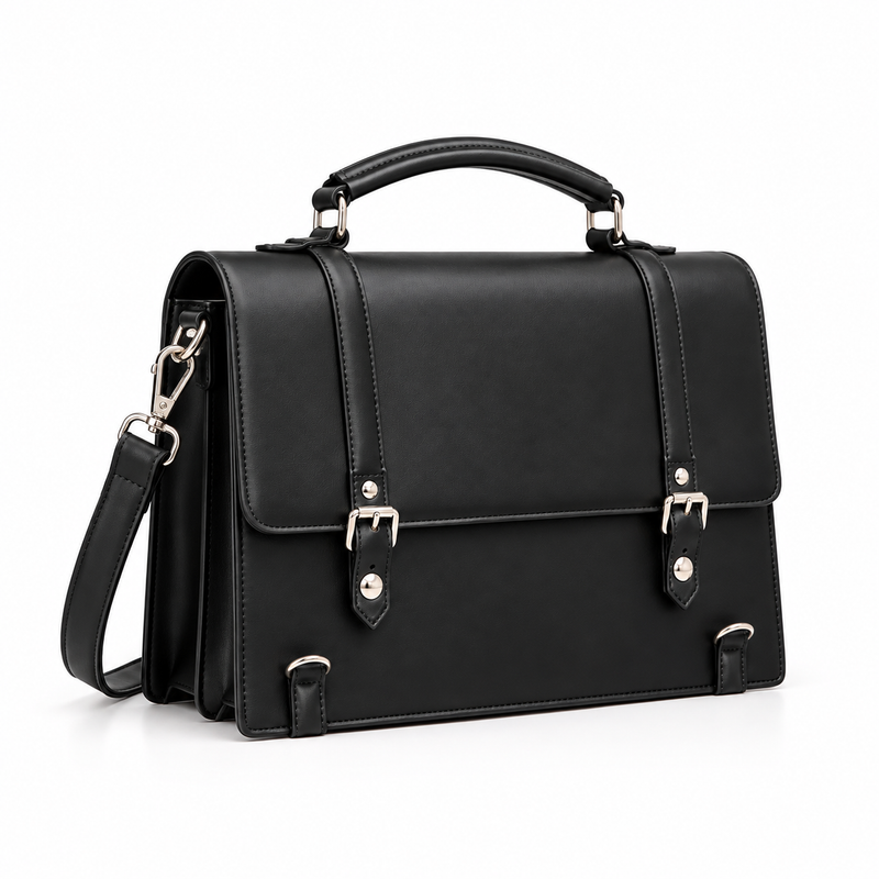 Black Structured Buckle Shoulder Satchel Bag-1