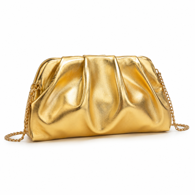 Title: Metallic Gold Ruched Clutch Bag with Chain Strap-4