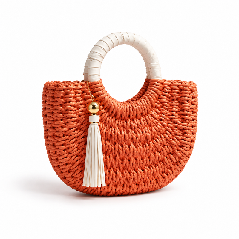 Coral Woven Raffia Tassel Handle Handbag-1