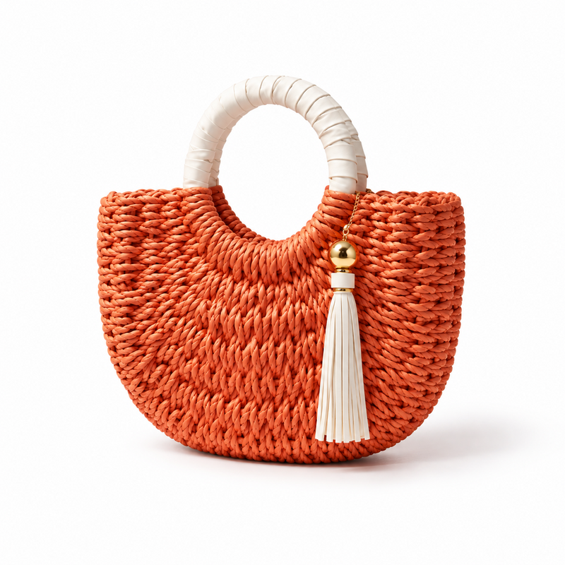 Coral Woven Raffia Tassel Handle Handbag-3