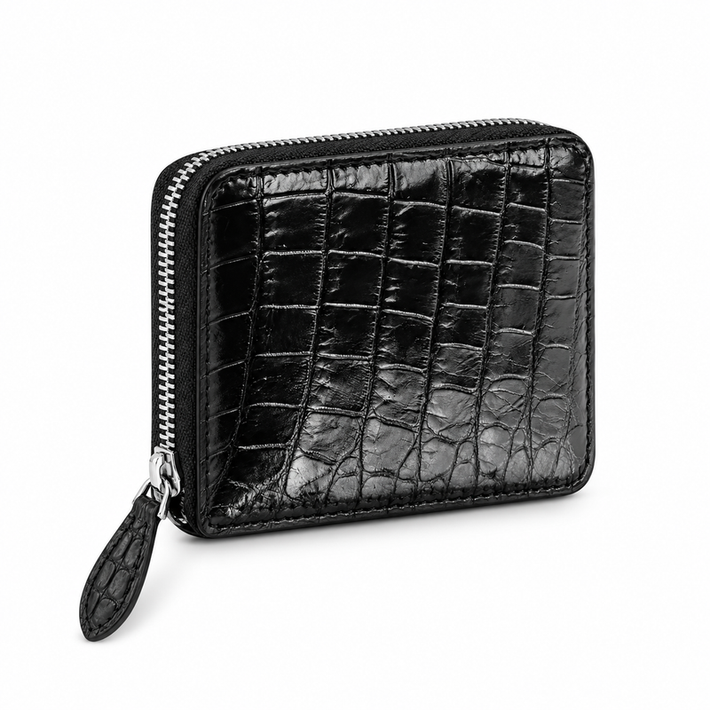 Black Crocodile Textured Compact Zipper Wallet-1