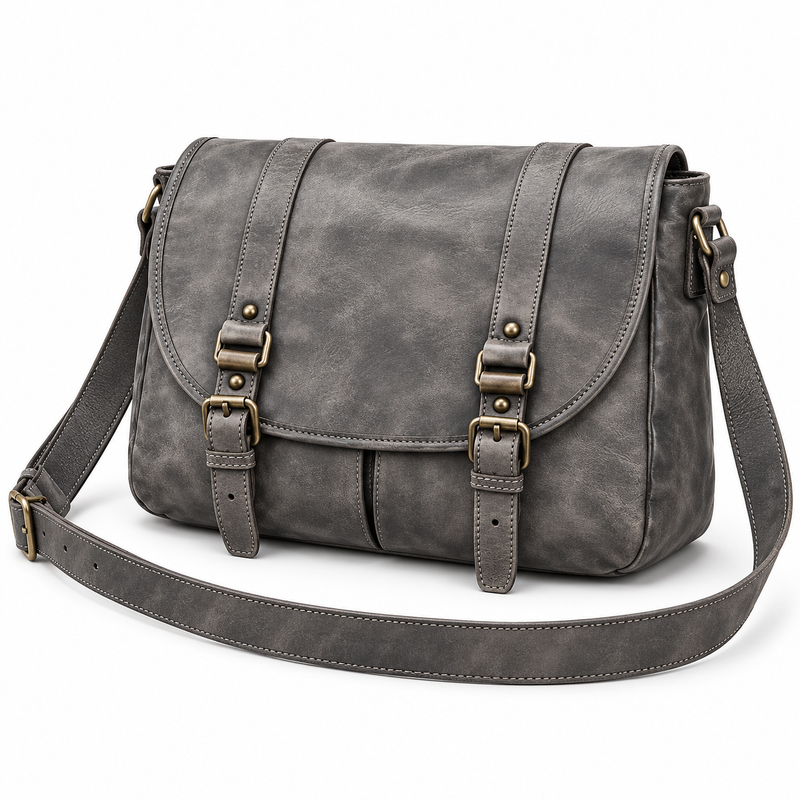 Vintage Grey Leather Buckle Satchel Bag-3