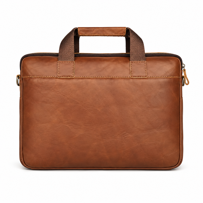 Classic Cognac Leather Briefcase With Pockets-2