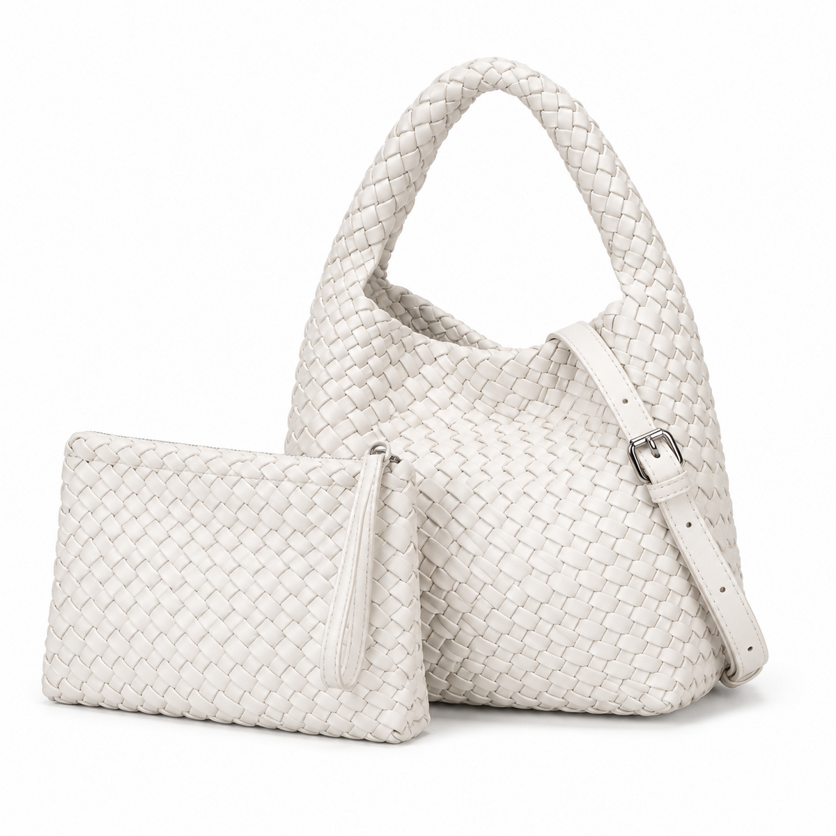 Ivory Woven Shoulder Bag With Pouch-3
