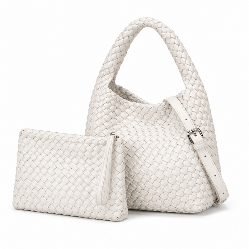 Ivory Woven Shoulder Bag With Pouch-3