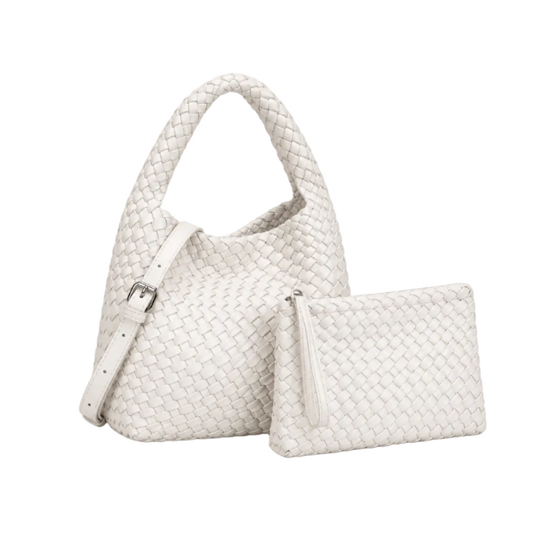 Ivory Woven Shoulder Bag With Pouch-1