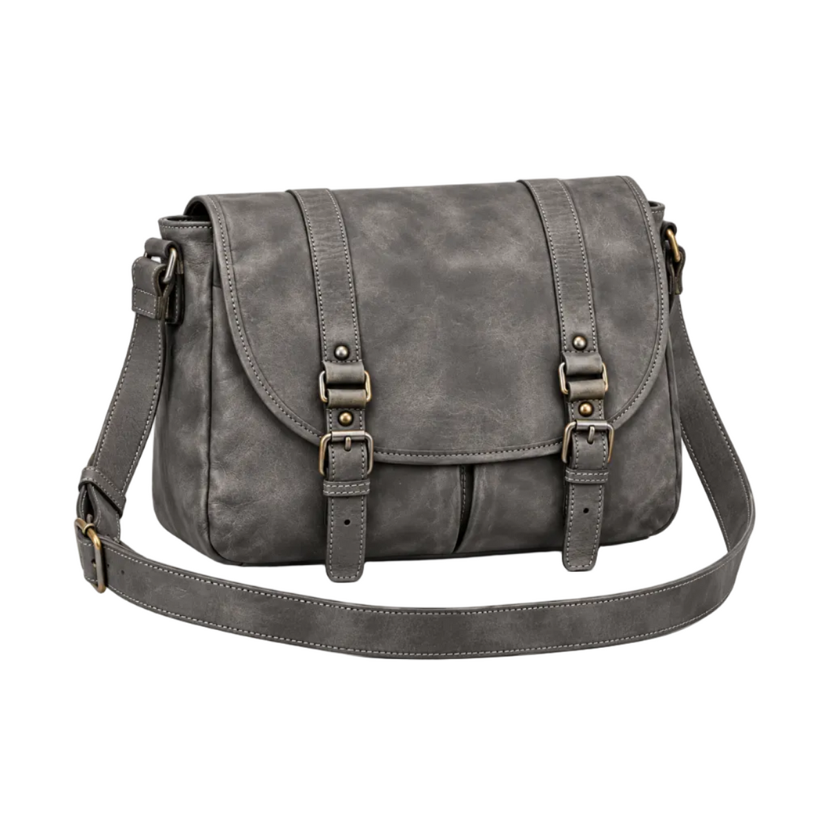 Vintage Grey Leather Buckle Satchel Bag