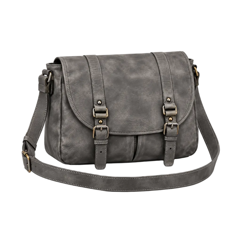 Vintage Grey Leather Buckle Satchel Bag-1