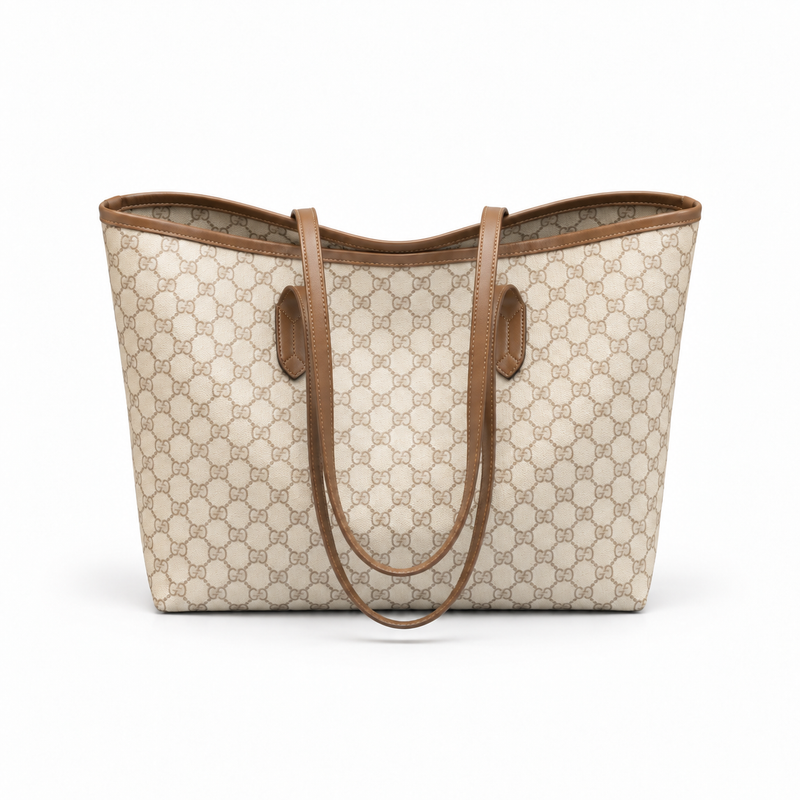 Beige Monogram Brown Trim Tote Bag-4