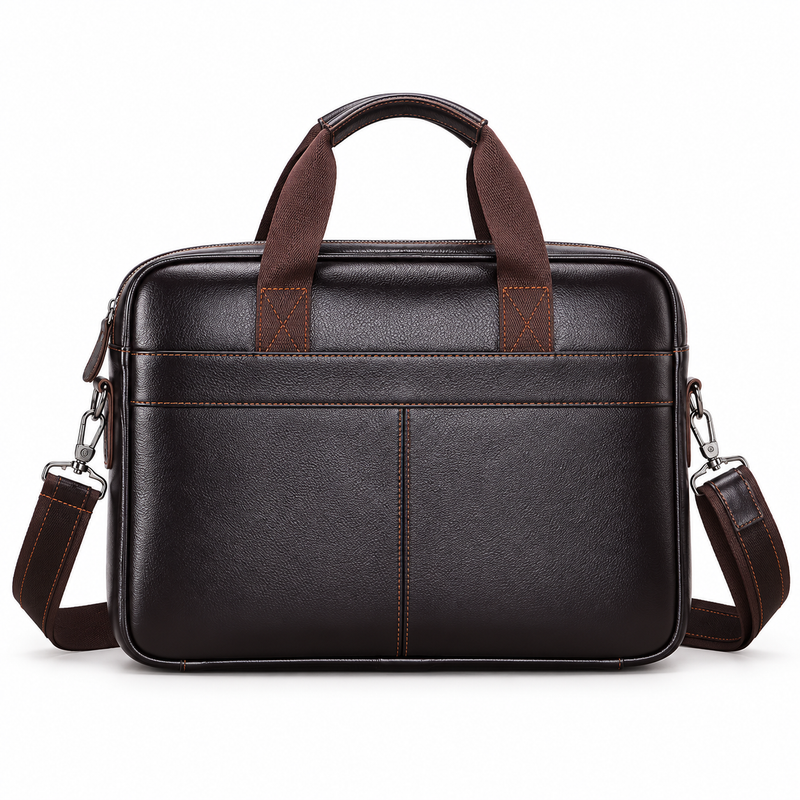 Classic Coffee Leather Briefcase With Strap-3