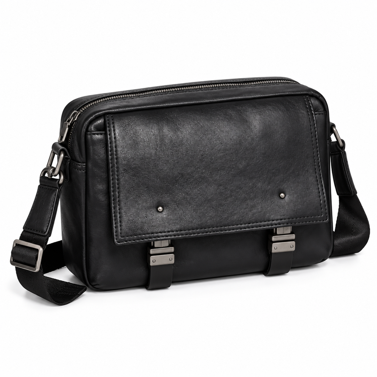 Classic Black Leather Messenger Shoulder Bag