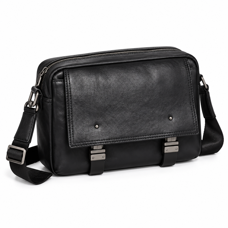 Classic Black Leather Messenger Shoulder Bag-2