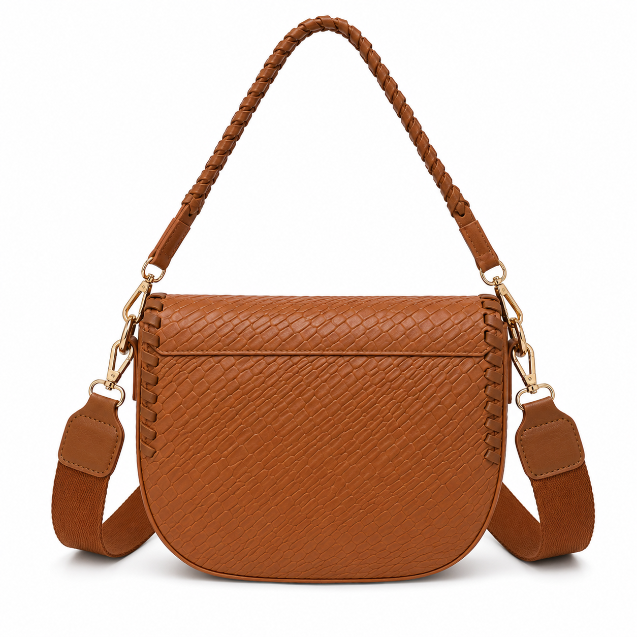 Cognac Woven Leather Saddle Shoulder Bag with Braided Handle & Crossbody Strap-2
