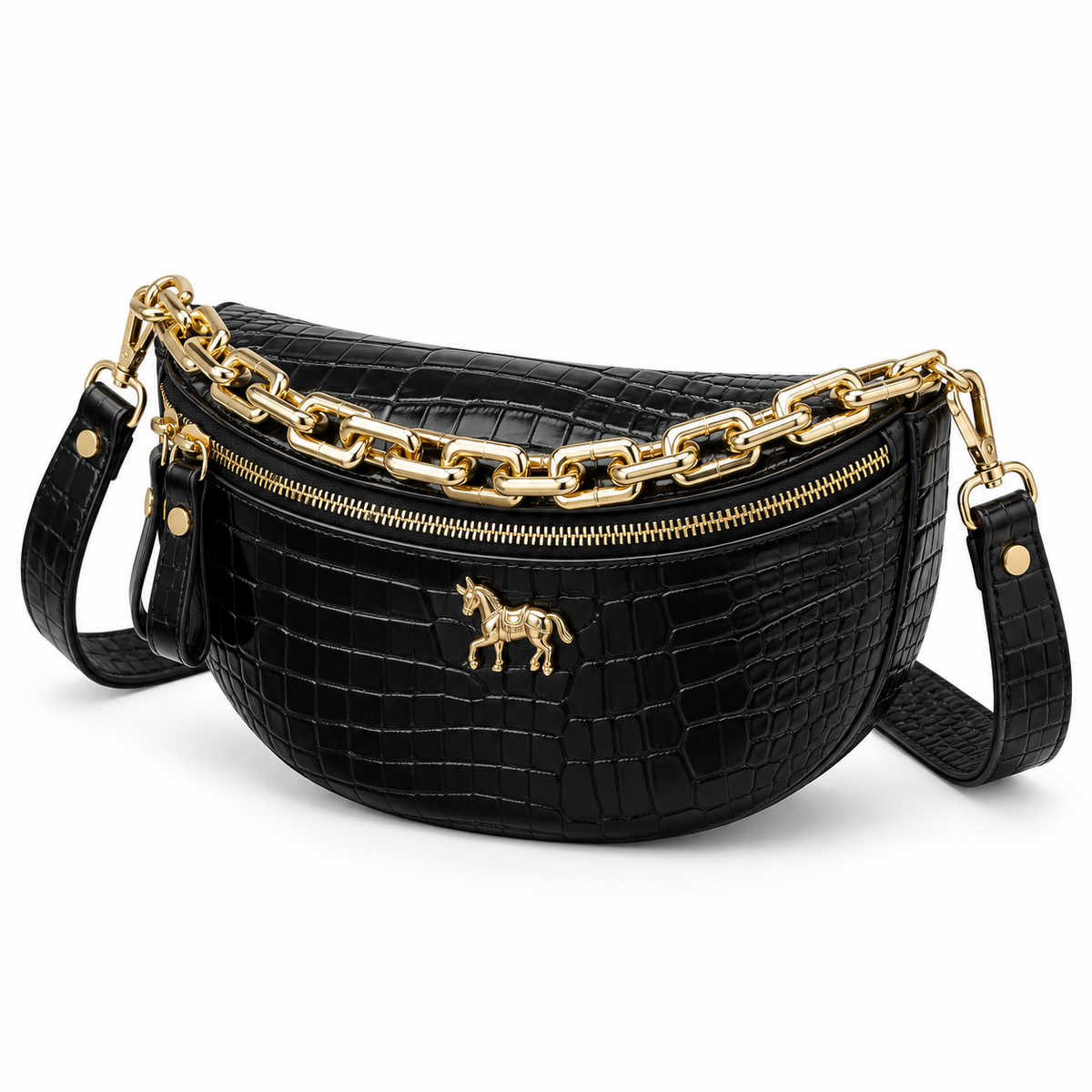 Black Crocodile Embossed Gold Chain Waistbag-2
