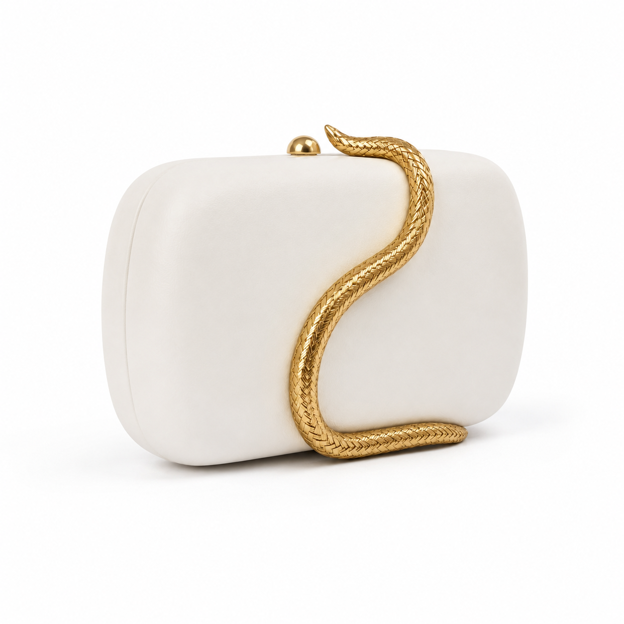 Elegant Ivory Hard-Shell Clutch Bag with Gold Snake Chain Detail-4