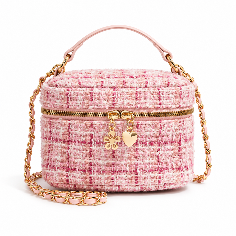 Pink Tweed Crossbody Bag With Charms-4