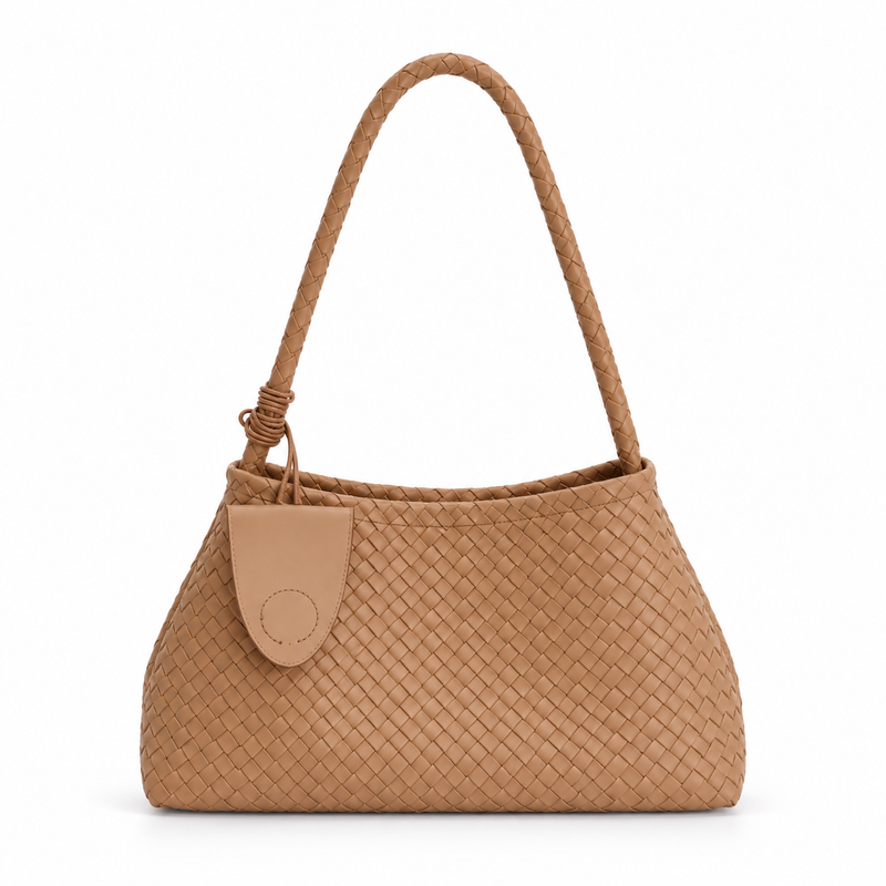 Khaki Woven Shoulder Bag With Charm-4