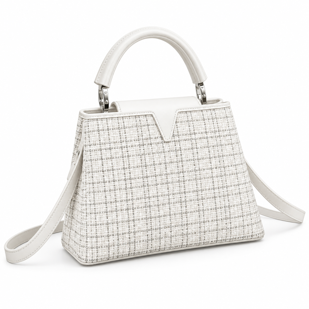 White Textured Vegan Leather Top Handle-1