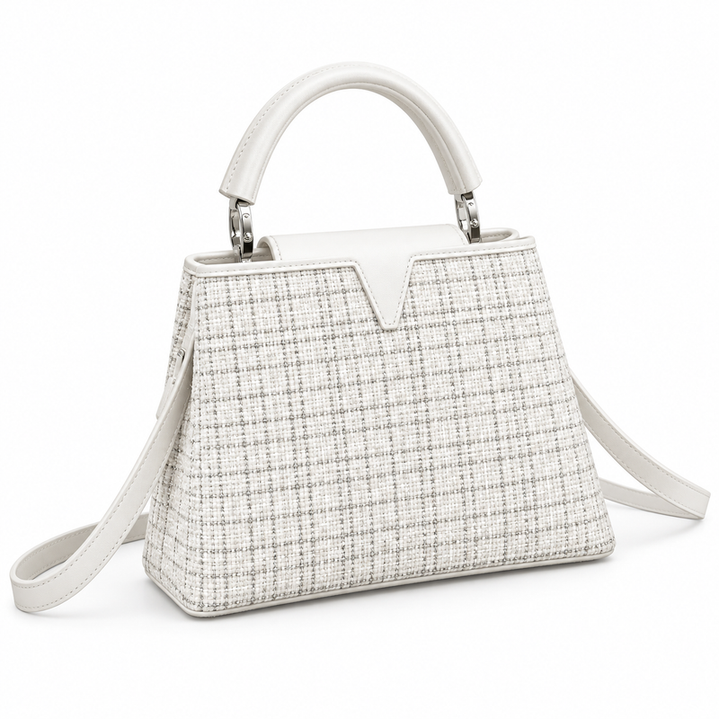 White Textured Vegan Leather Top Handle-1